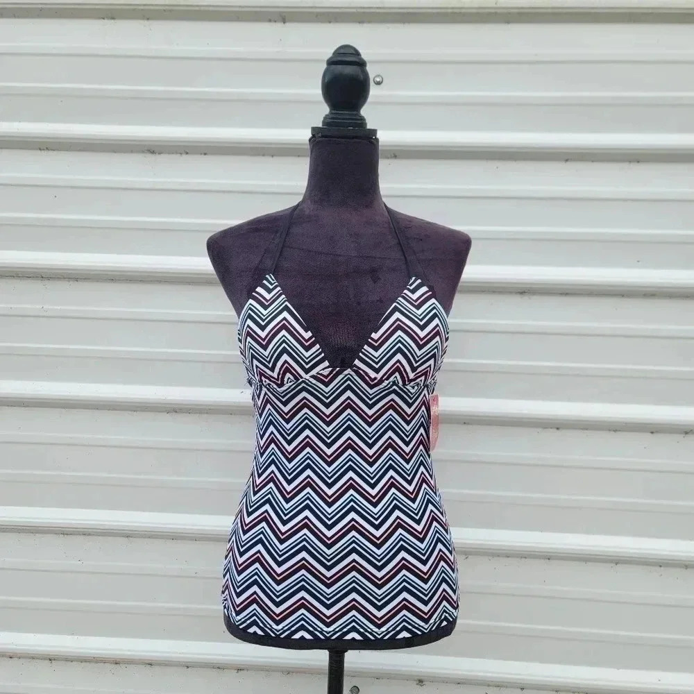 NWT Candie's Tankini Swimming Top XS Top Padded Halter Black White Chevron Pink